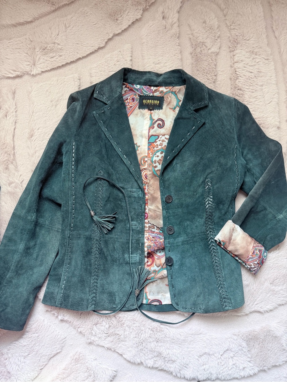 Suede Teal Blazer Jacket with Tassel Ties vintage